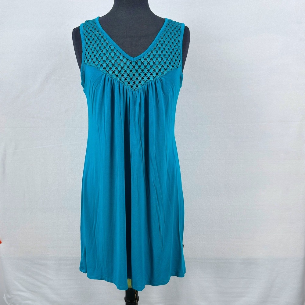 la Vie en Rose M V Neck Crochet Openwork Panel Teal Blue Mini Dress Lounge